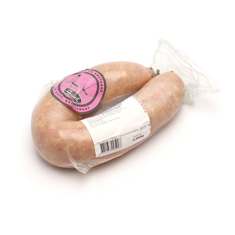 Curved white garlic sausage in natural gut LPF vacuum packed ±700g