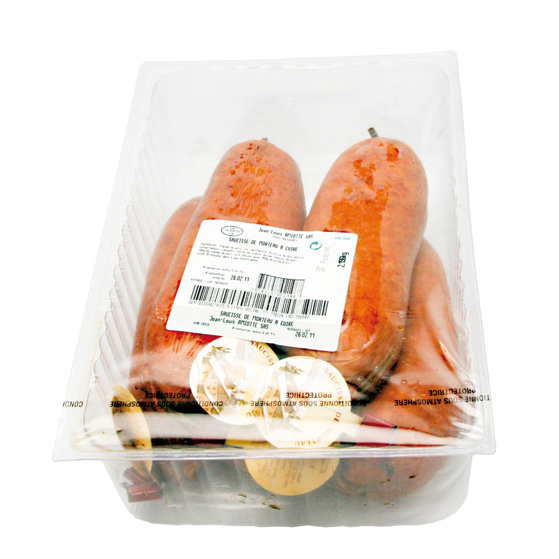 Uncooked genuine Morteau sausage PGI french pork in natural gut atm.packed 5x±400g