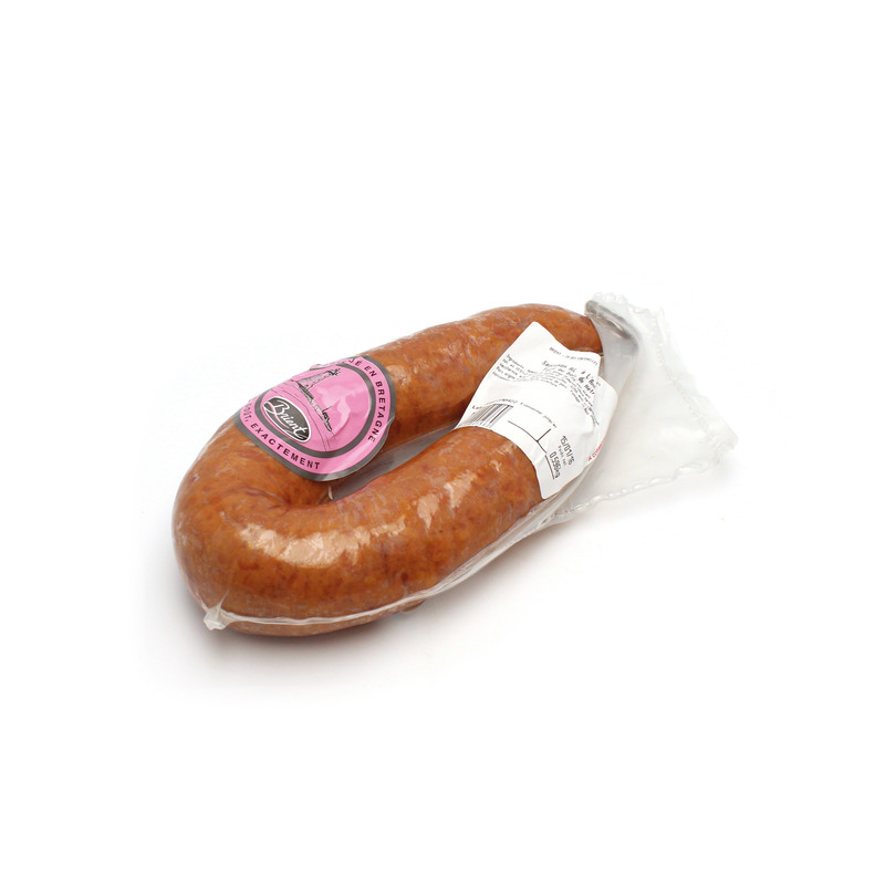 Smoked curved garlic sausage in natural gut LPF vacuum packed ±700g