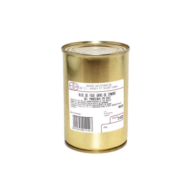 Lightly cooked duck foie gras block with chunks 30% tin 400g