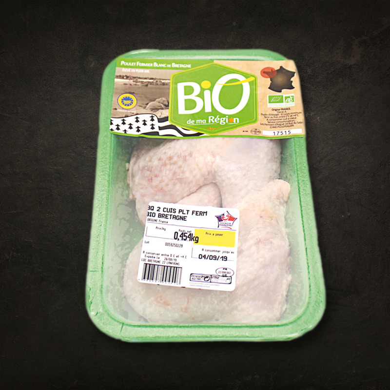 Cuisse de poulet fermier de Bretagne IGP BIO x2 s/ at ±500g