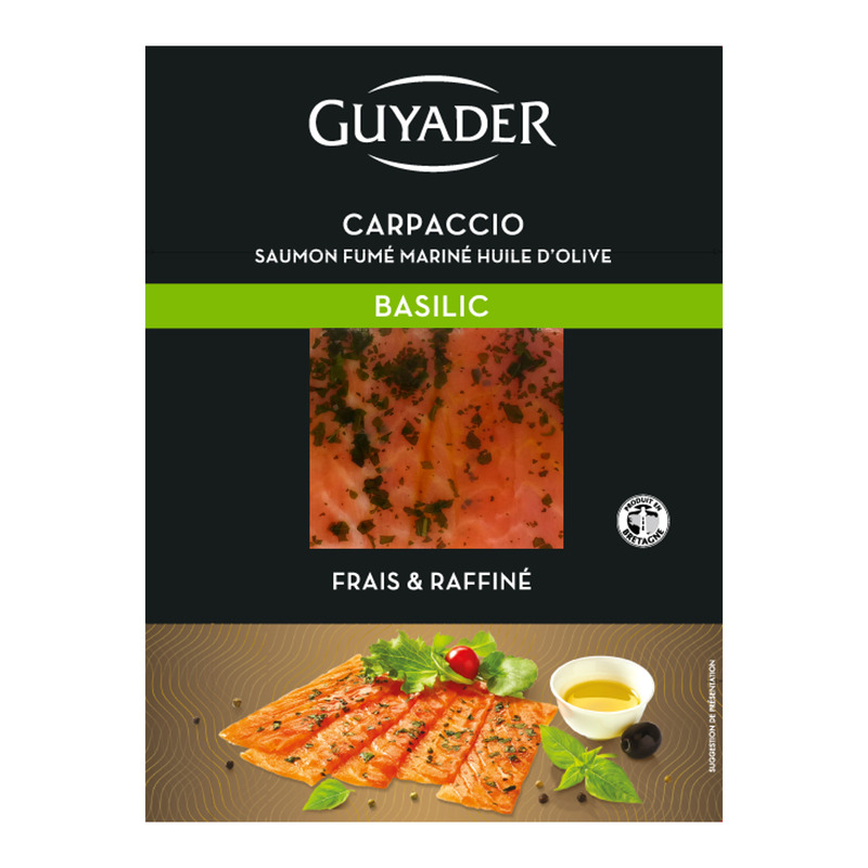 Carpaccio de saumon fumé mariné à l'huile d'olive et basilic s/vide 100g