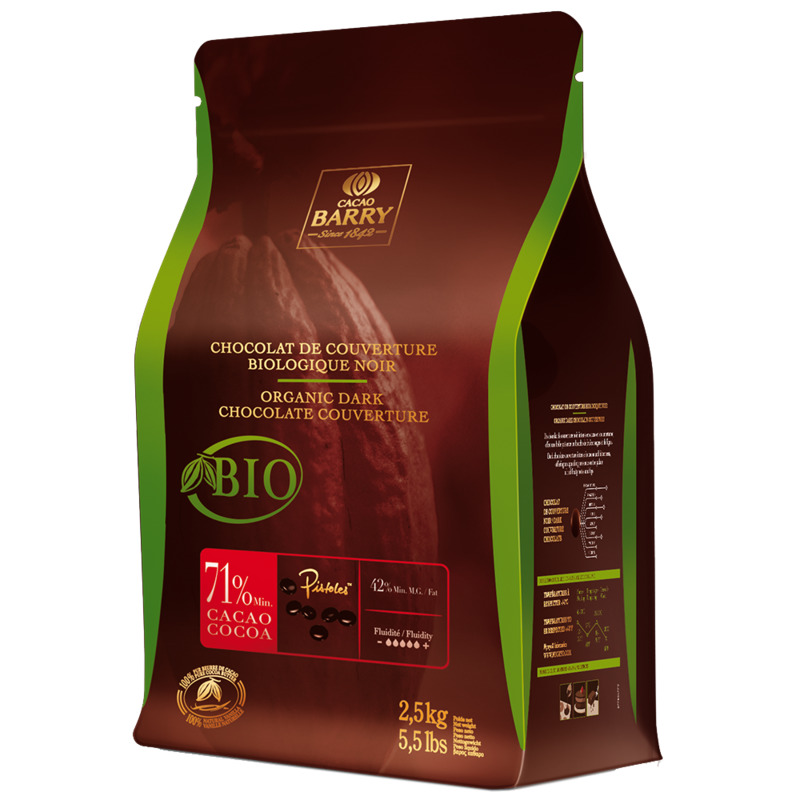 Organic dark chocolate couverture 71% drops 2.5kg