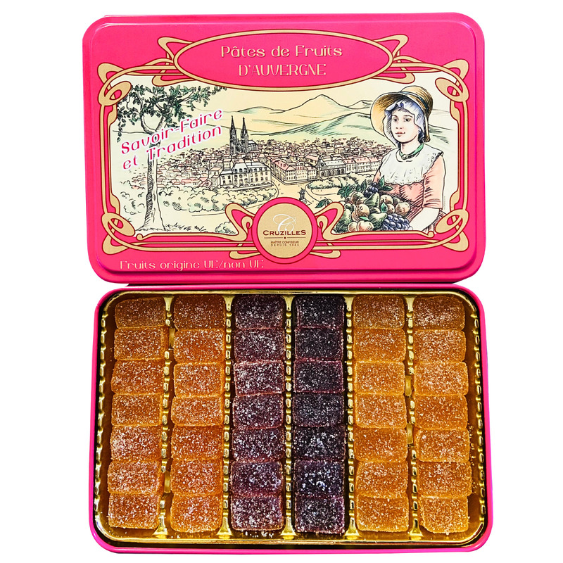 Pâtes de fruits Mini-Cruz (fraise, abricot, poire, griotte) boîte métal 280g