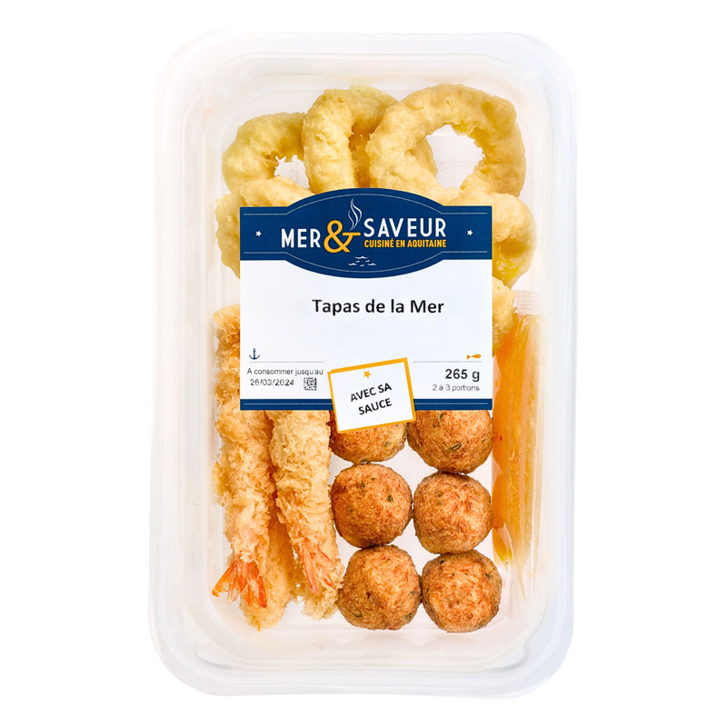 Tapas from the sea | Squid fritters, breaded prawns, cod acras + sauce 265g