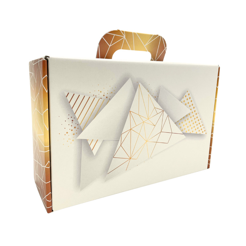 Valisette cadeau carton blanc or motif géométrique 35x22x11cm