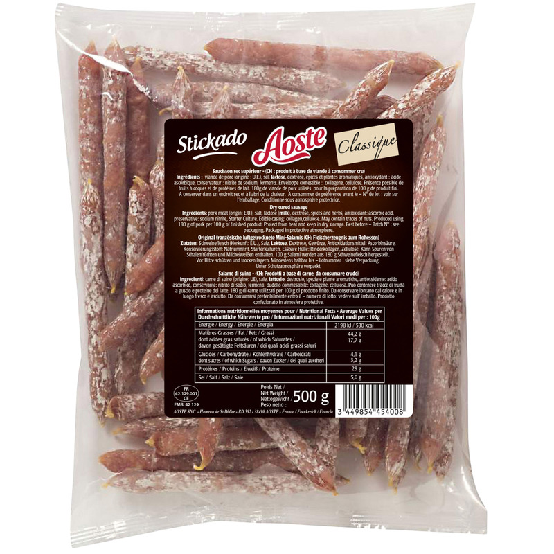 Mini saucissons secs pur porc Stickado format finger s/at sachet 500g