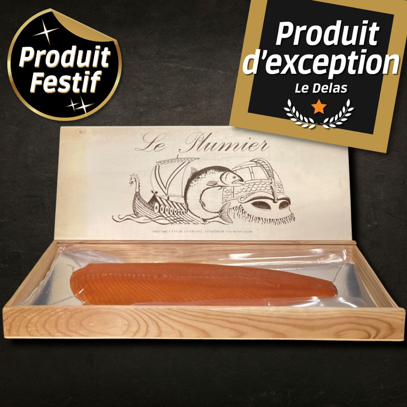 Saumon fumé d'Écosse ficelle tranché main s/ peau a/ intercalaires plumier bois 1,5-2kg
