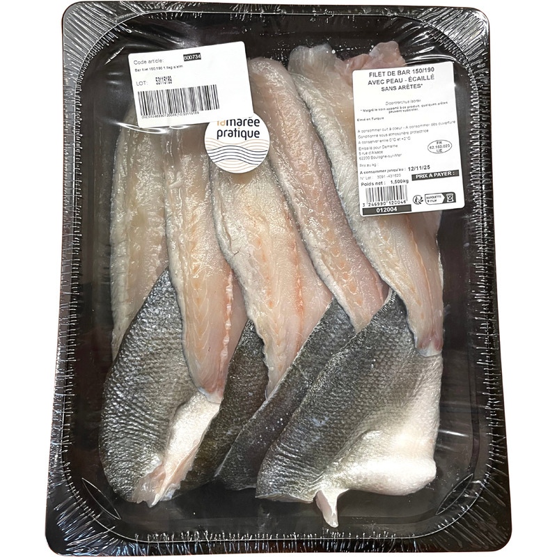 Sea bass fillets 150/190 with skin boneless atm.packed 1.5kg