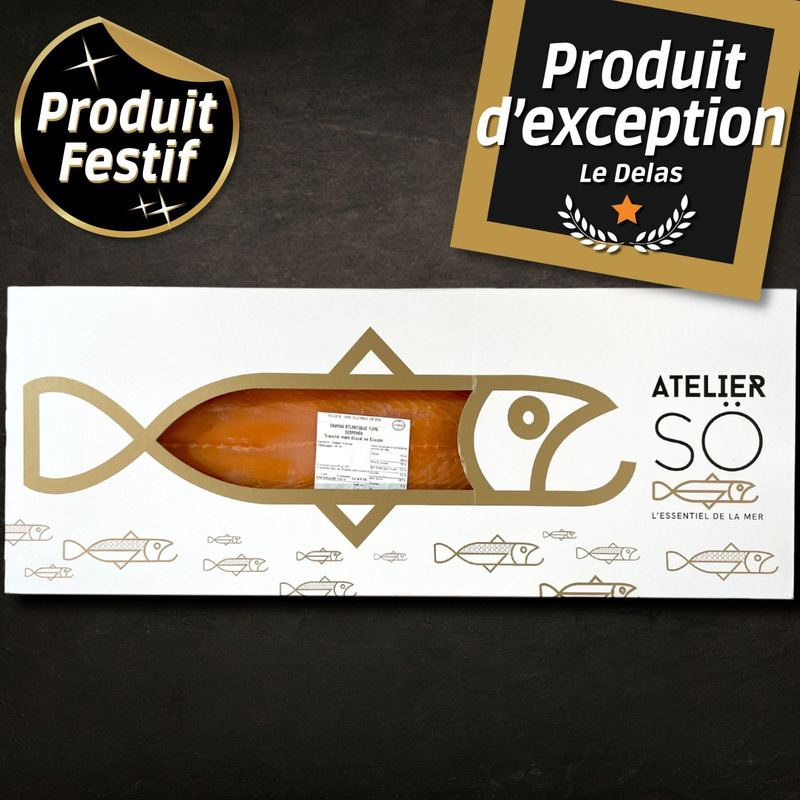 Saumon fumé d'Écosse ficelle tranché main a/ peau a/ intercalaires 1,5-2kg