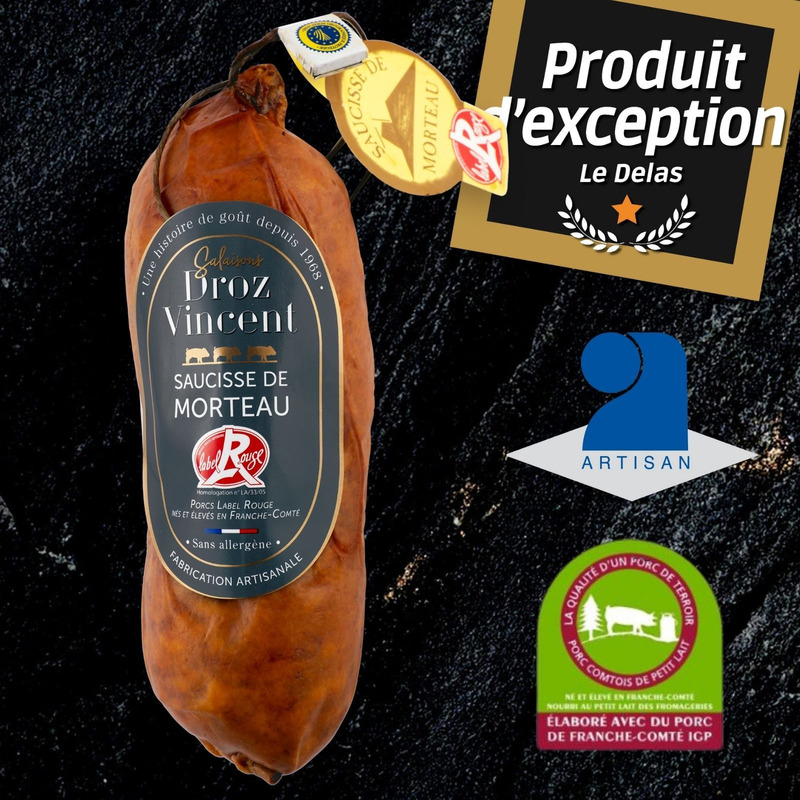 Uncooked artisanal Morteau sausage Label Rouge IGP meat from Franche-Comté 4x400g