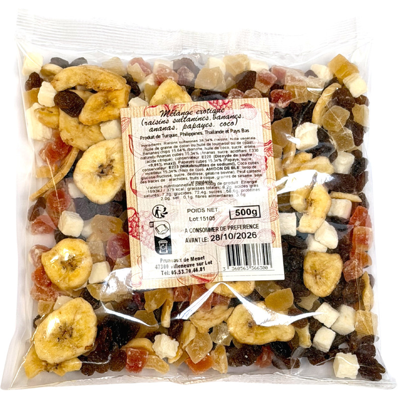 Mix of dried exotic fruits (grape, banana, papaya, pineapple, coconut) bag 500g