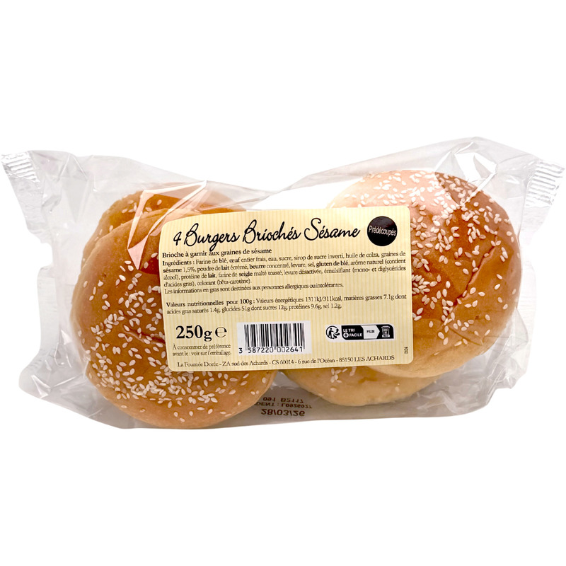 Pre-cut sesame seed brioche burger buns x4 250g