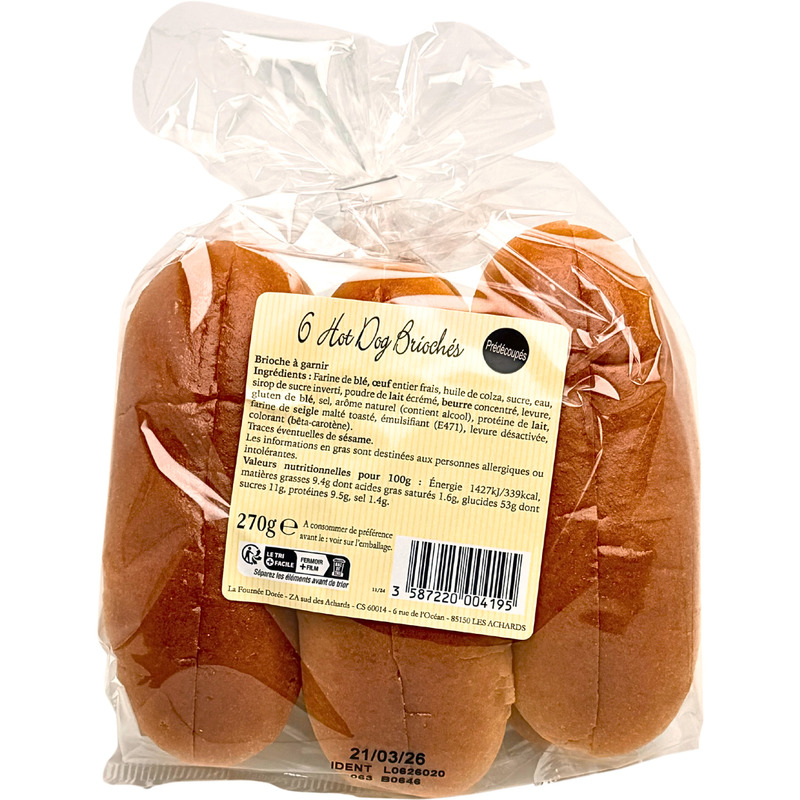 Pre-cut brioche hot dog buns x6 270g