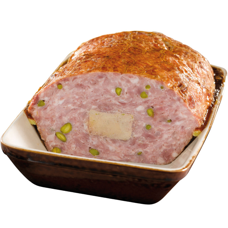 Pistachio rabbit stoneware terrine whit goose foie gras medallion ±3.5kg