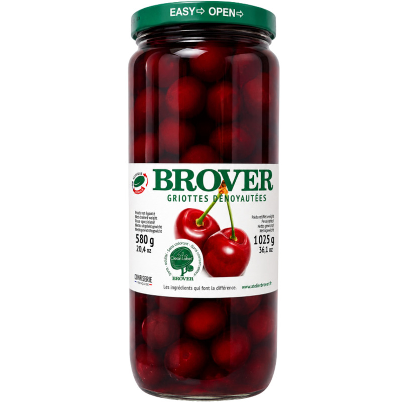 Pitted black cherries in light syrup jar 1L
