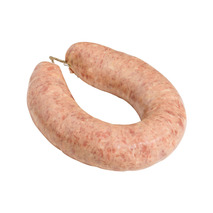 Curved white garlic sausage in natural gut LPF vacuum packed ±700g