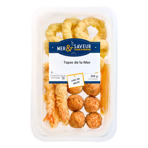 Tapas from the sea | Squid fritters, breaded prawns, cod acras + sauce 265g