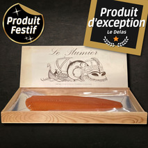 Saumon fumé d'Écosse ficelle tranché main s/ peau a/ intercalaires plumier bois 1,5-2kg