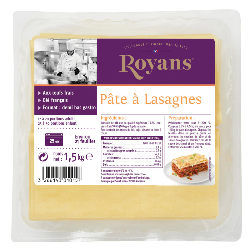 Pâte à lasagnes au blé dur français ±21 plaques sachet 1,5kg