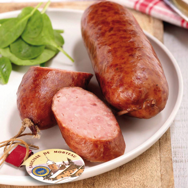 Uncooked genuine Morteau sausage PGI french pork in natural gut atm.packed 5x±400g