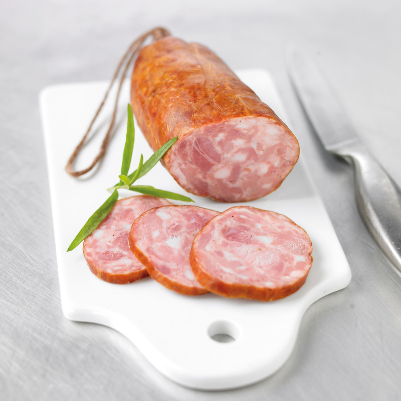 Smoked curved garlic sausage in natural gut LPF vacuum packed ±700g