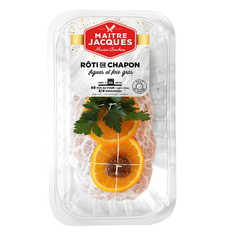Rôti de chapon mariné farci aux figues et foie gras de canard ±800g