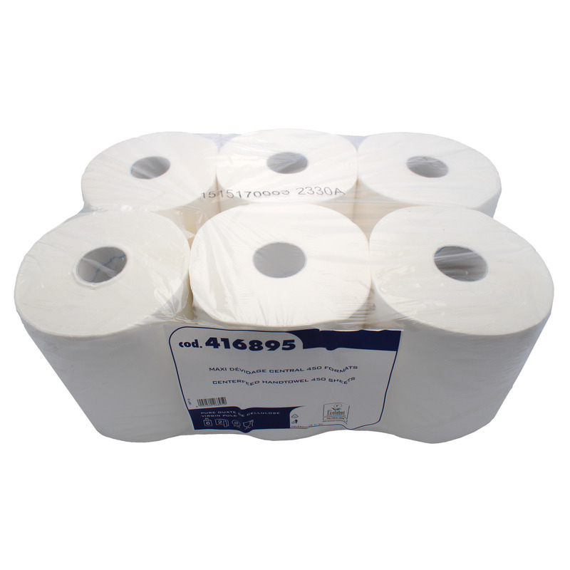 Essuie-main ouate blanc 2 plis 450 feuilles dévidage central x6