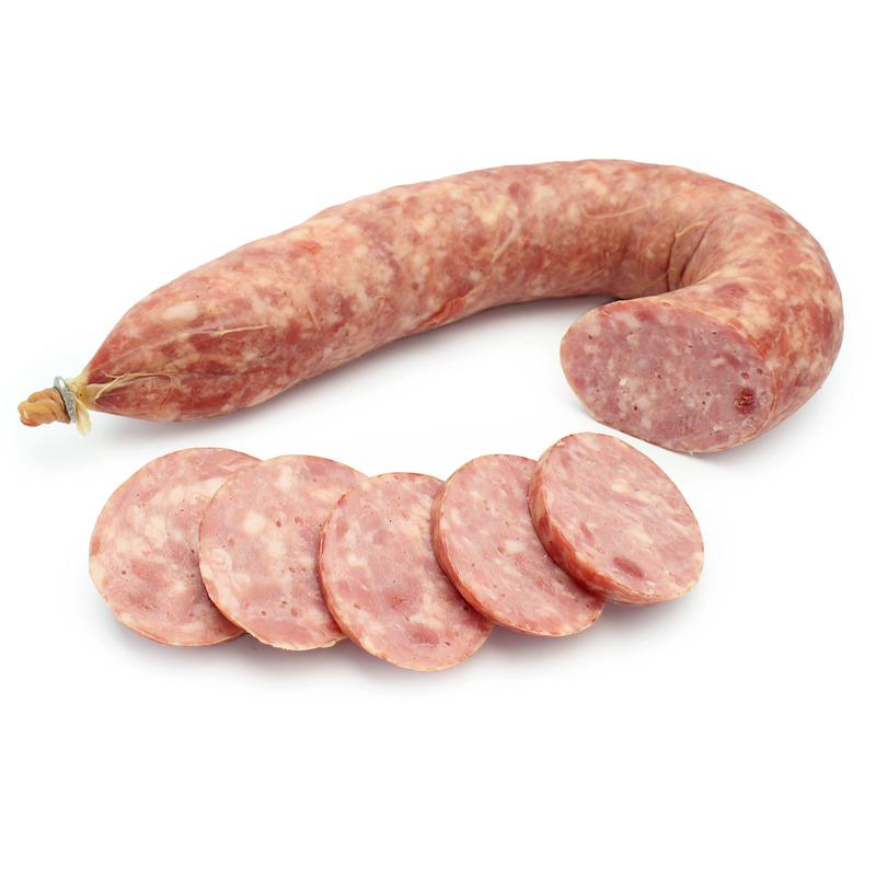 Plain curved garlic sausage in natural gut vacuum packed ±700g