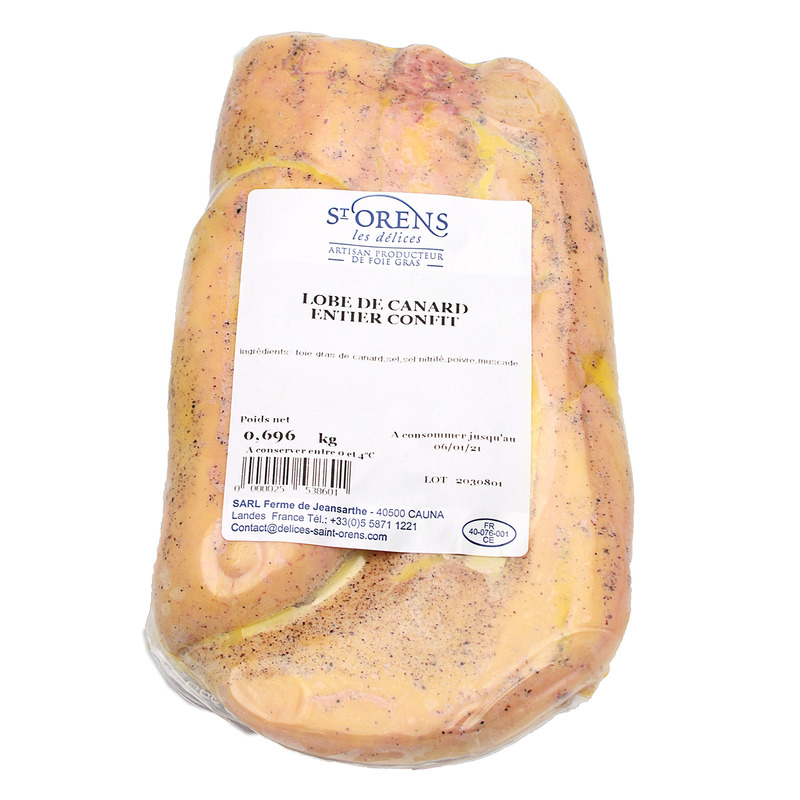 Lobe foie gras de canard français confit produit à la ferme s/ vide 500-700g
