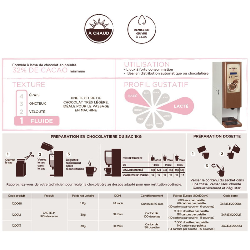 Préparation pour chocolat chaud poudre dosettes 100x30g