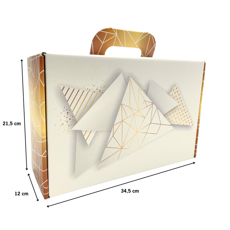 Valisette cadeau carton blanc or motif géométrique 35x22x11cm