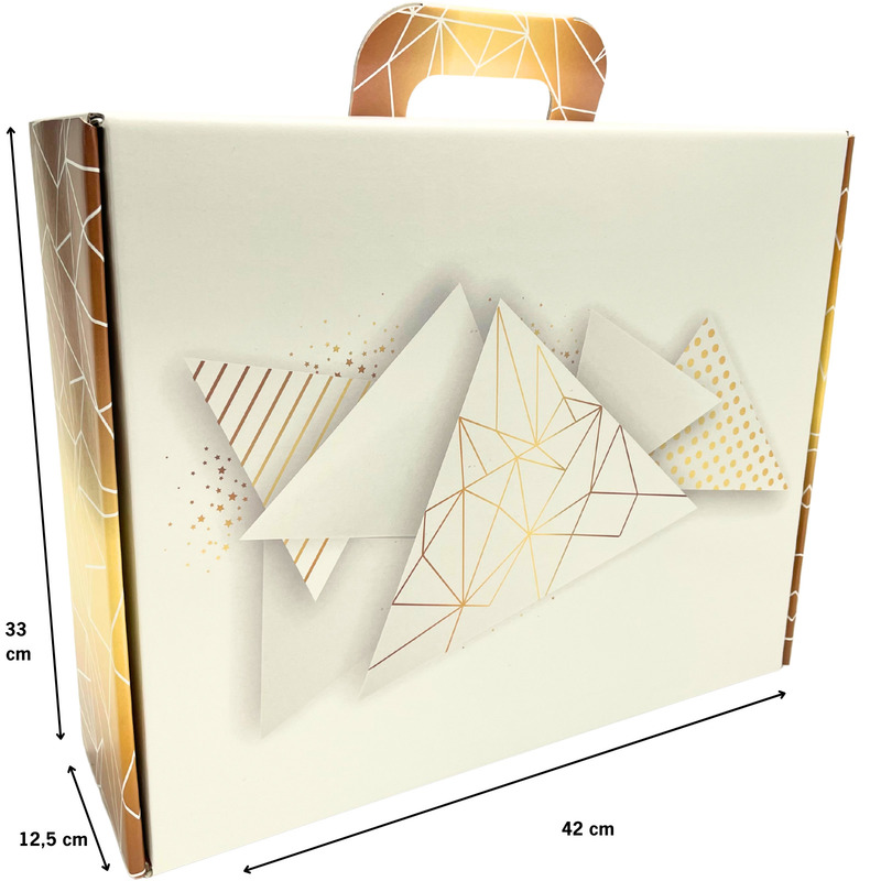 Valisette cadeau carton blanc or motif géométrique 42x33x12cm