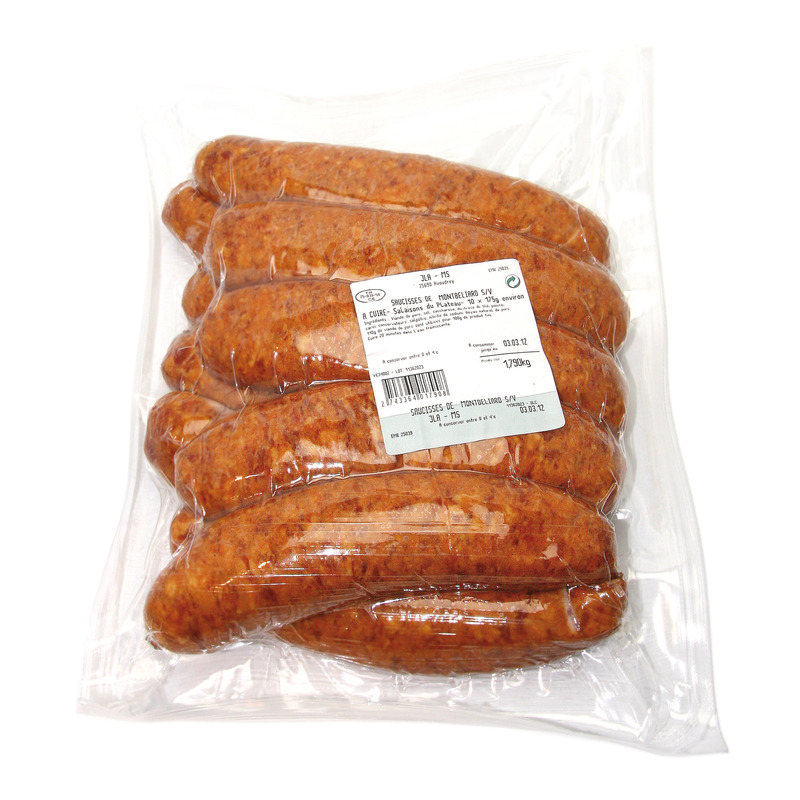 Uncooked Montbéliard sausage PGI french pork in natural gut vacuum packed 10x±175g
