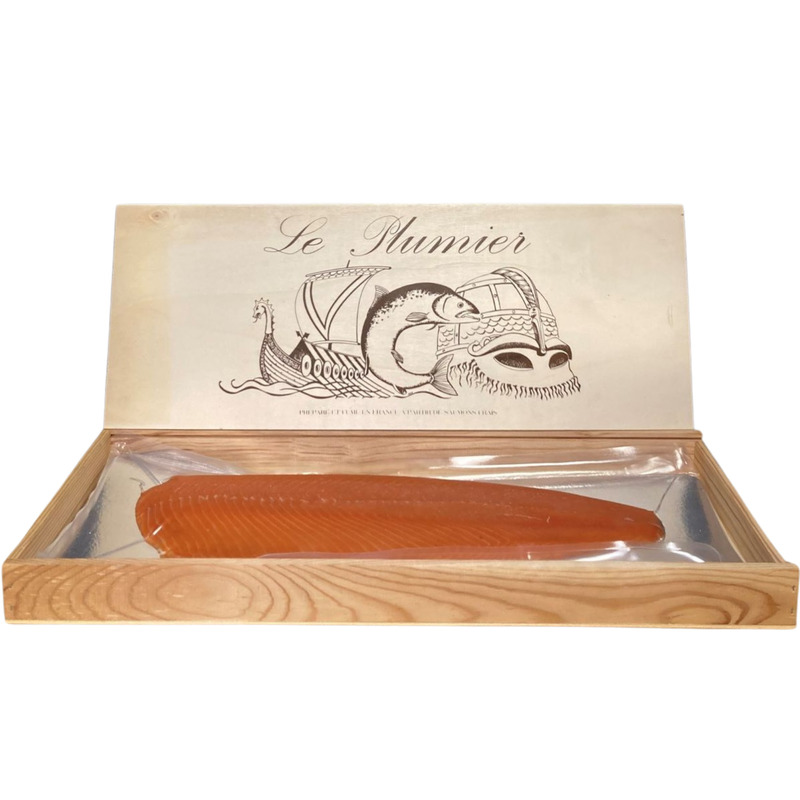 Saumon fumé d'Écosse ficelle tranché main s/ peau a/ intercalaires plumier bois 1,5-2kg