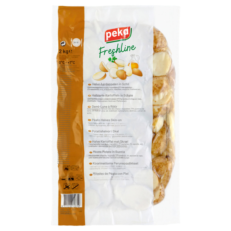 Cooked skin-on half moon shaped roasted potatoes vacuum packed 2kg